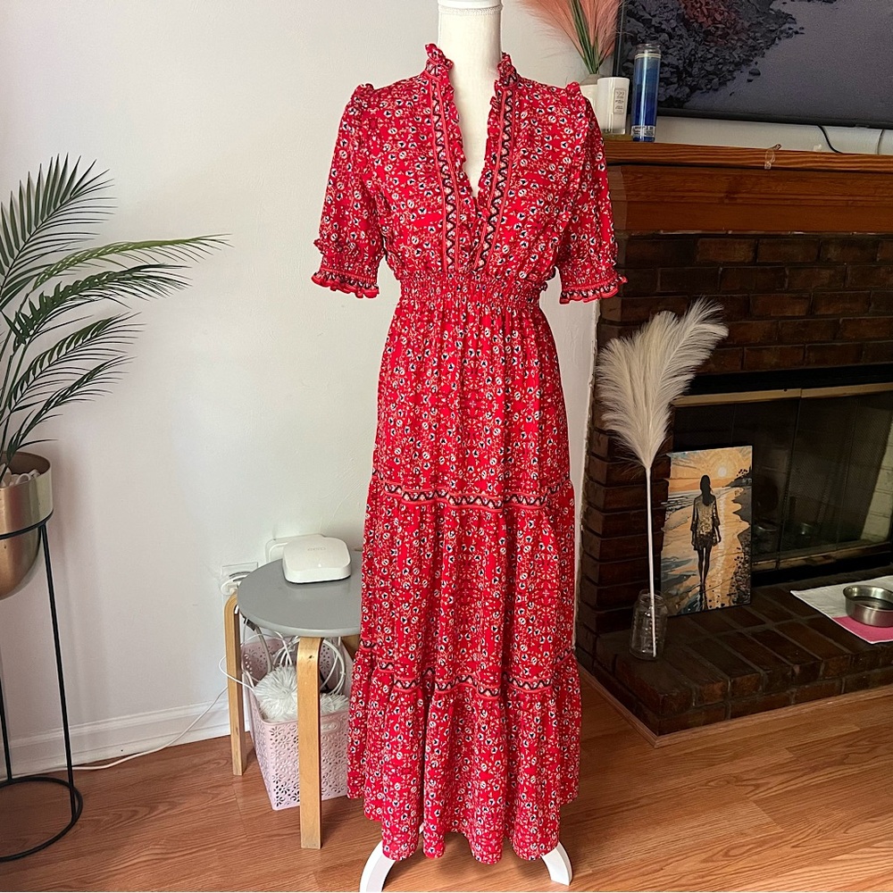 Max Studio Ruffle Collar Boho Floral Print Tiered Maxi Dress